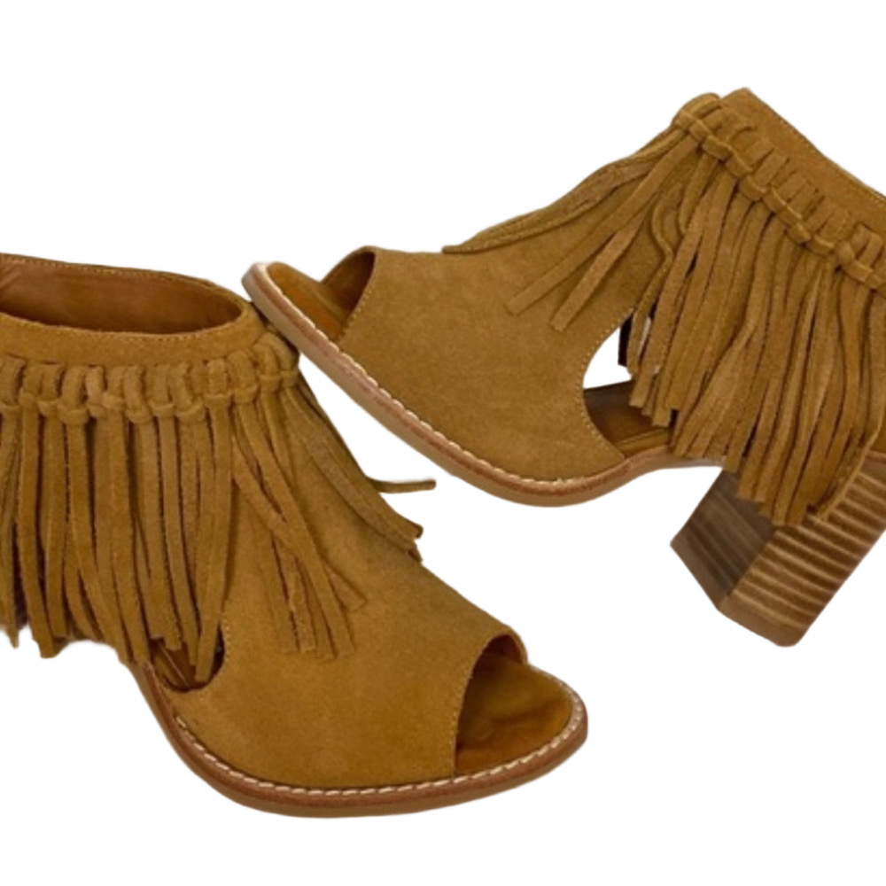 Sbicca Vintage Collection Fringe Tan Suede Open Toe Ankle Boots